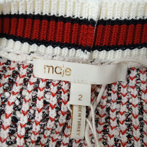 Maje Knitted Button-Front Cardigan in Red and White Cotton Blend - Picture 5 of 6